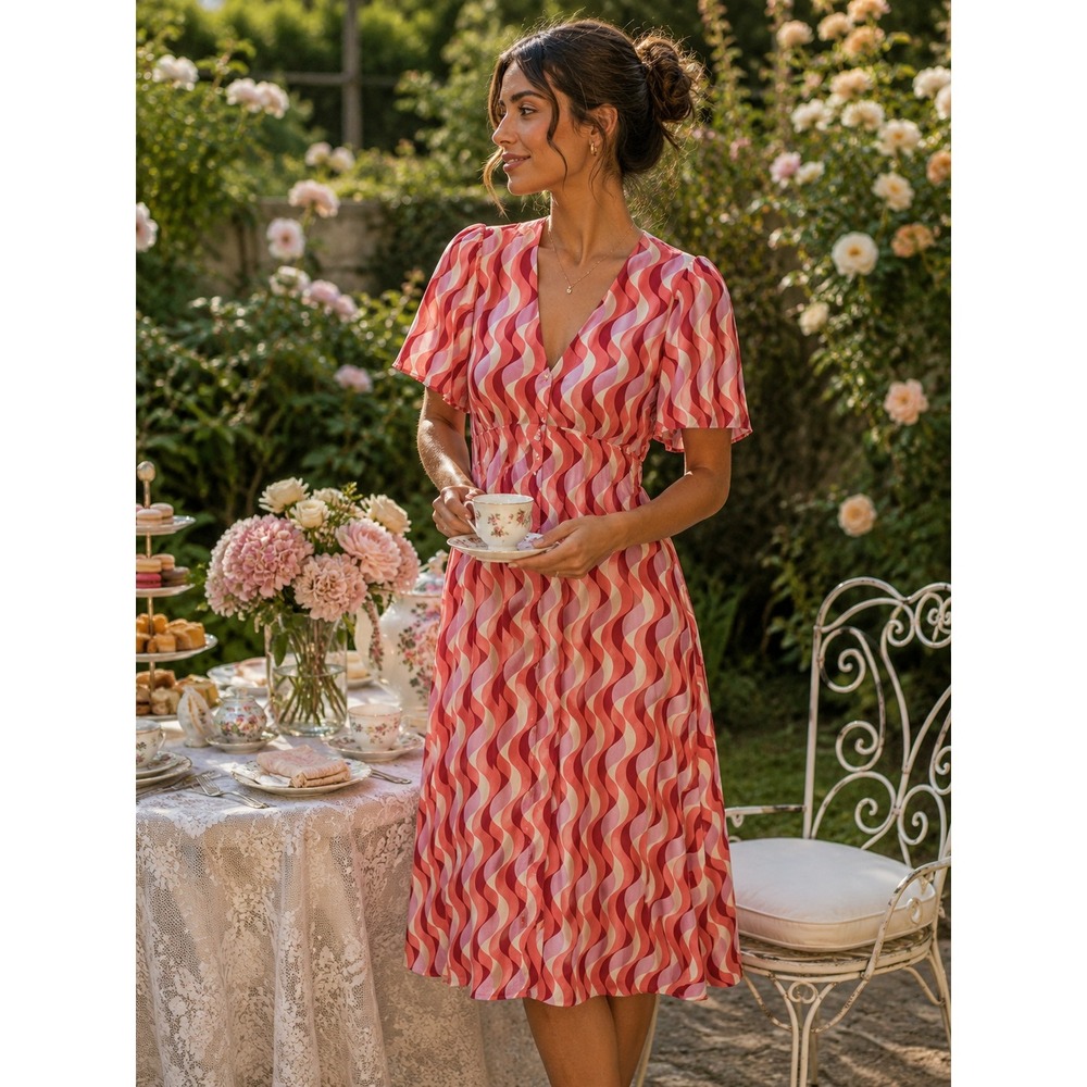 Nobody's Child Alexa Midi Dress Retro Wavy Print Pink Orange Size 16 (UK)/12 US - Picture 1 of 15